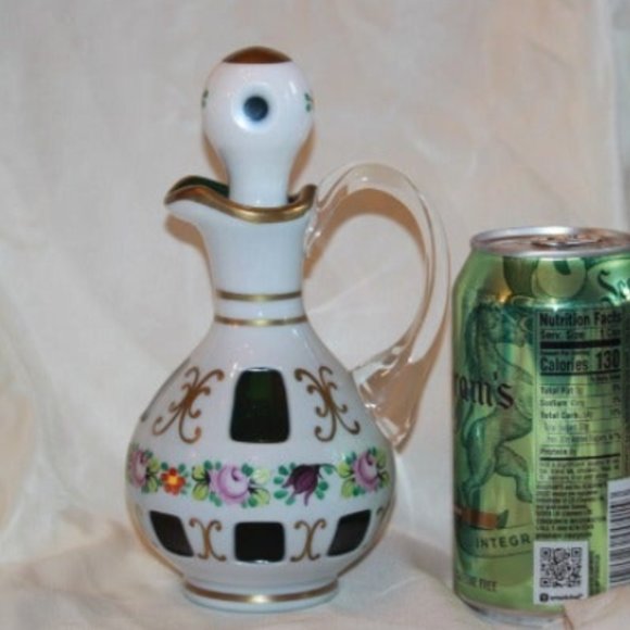 Czech Bohemian Cased Glass Green to White Cruet & Stopper - Picture 2 of 5